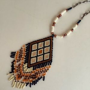 Sunstone and bone bead tribal pendant necklace in cream, royal blue